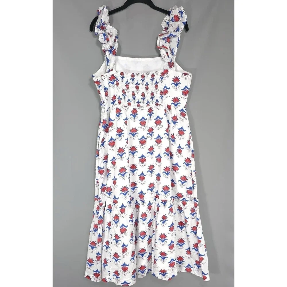 J.CREW‎ Midi Dress Size 14 White Floral Ruffle Sleeve Smocked Cotton Red Blue